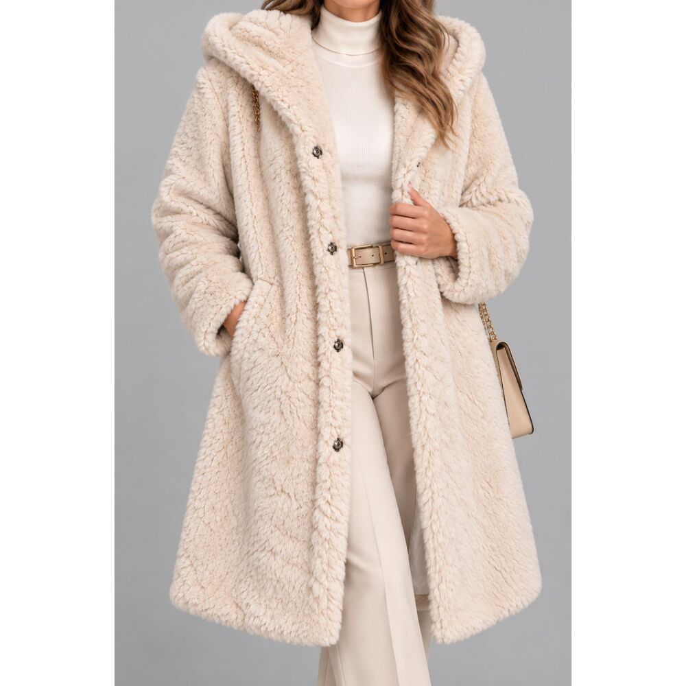 Coalition LA Women’s M Ivory Faux Fur Hooded Coat Plush Teddy Long Jacket
